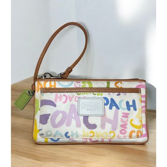 Y2K Coach F13552 Hamptons Twill Stripe Tote Bag & Graffiti Script Large Wristlet - Picture 7 of 16